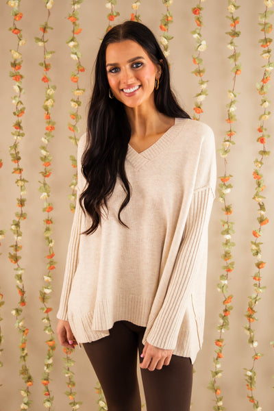 Women's Ivory Brushed Knit Sweater- Oversized V-Neckline Sweater- Women's Comfy Tops