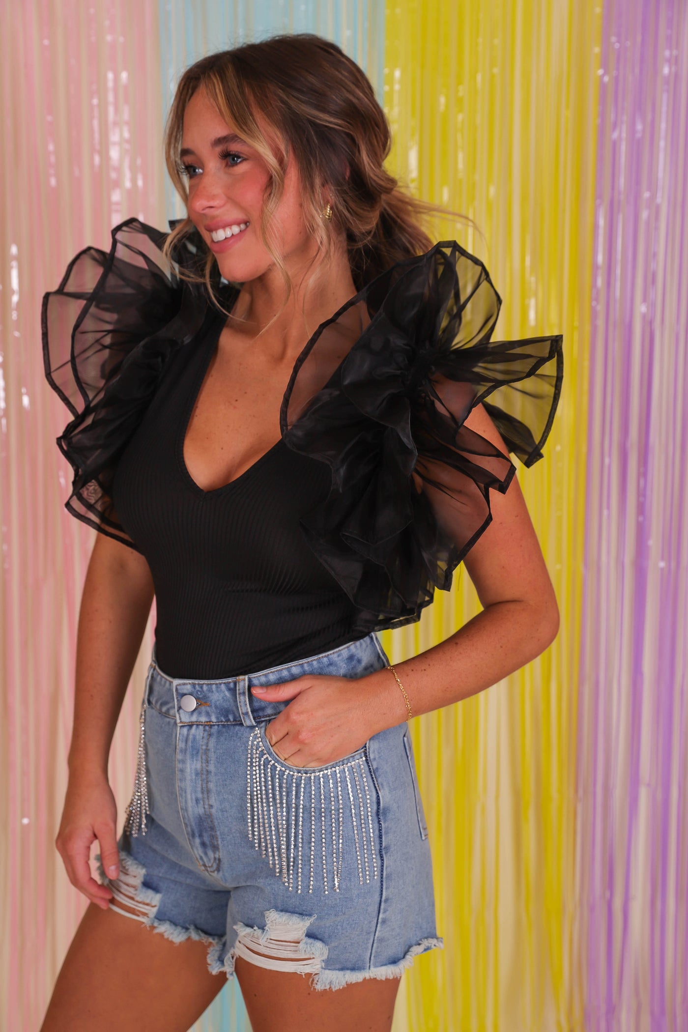 Women's Black Bodysuit- Ruffle Shoulder Bodysuit- Black GLAM Bodysuit