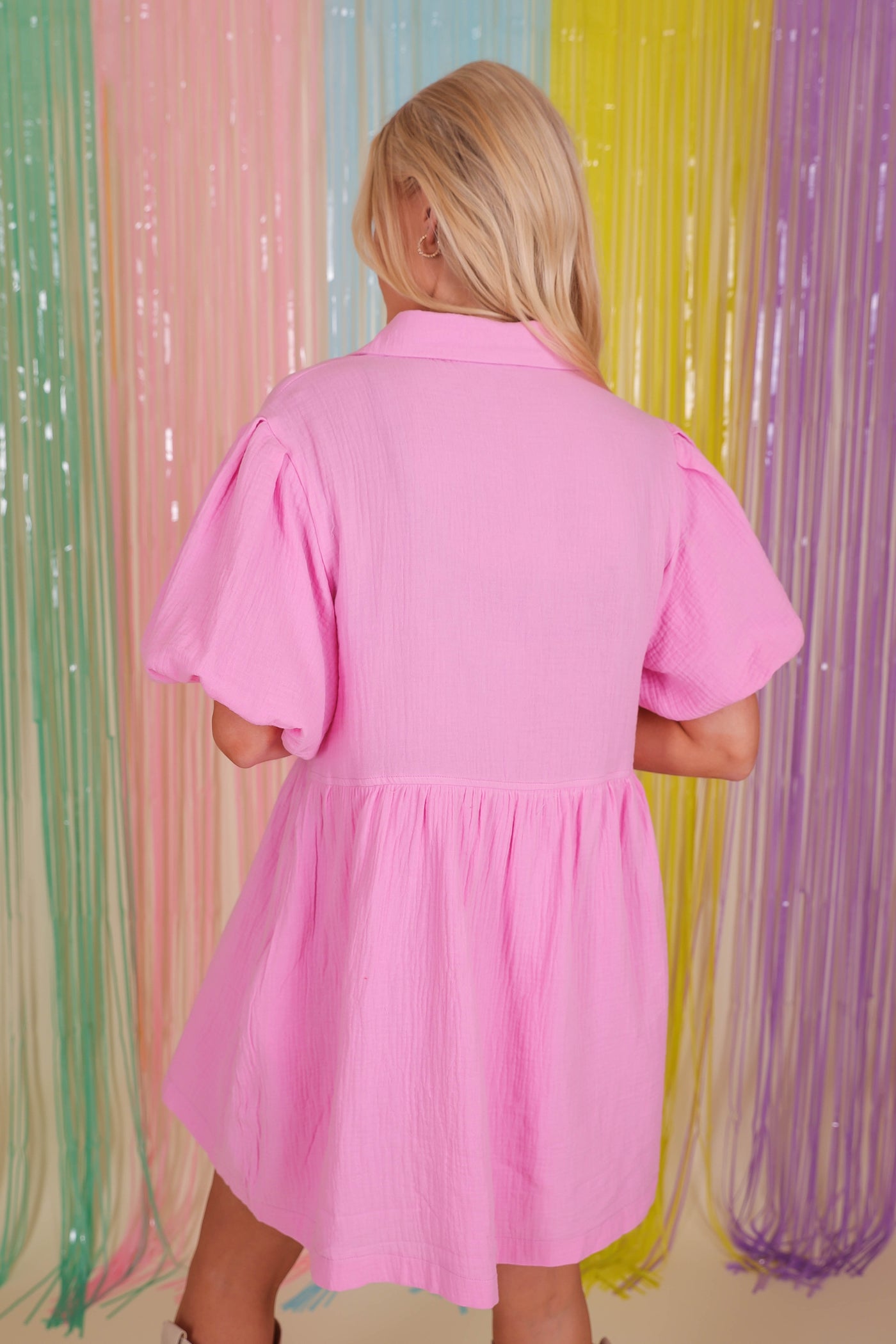 Pink Button Down Dress- Pink Cotton Dress- Women's Puff Sleeve Dress