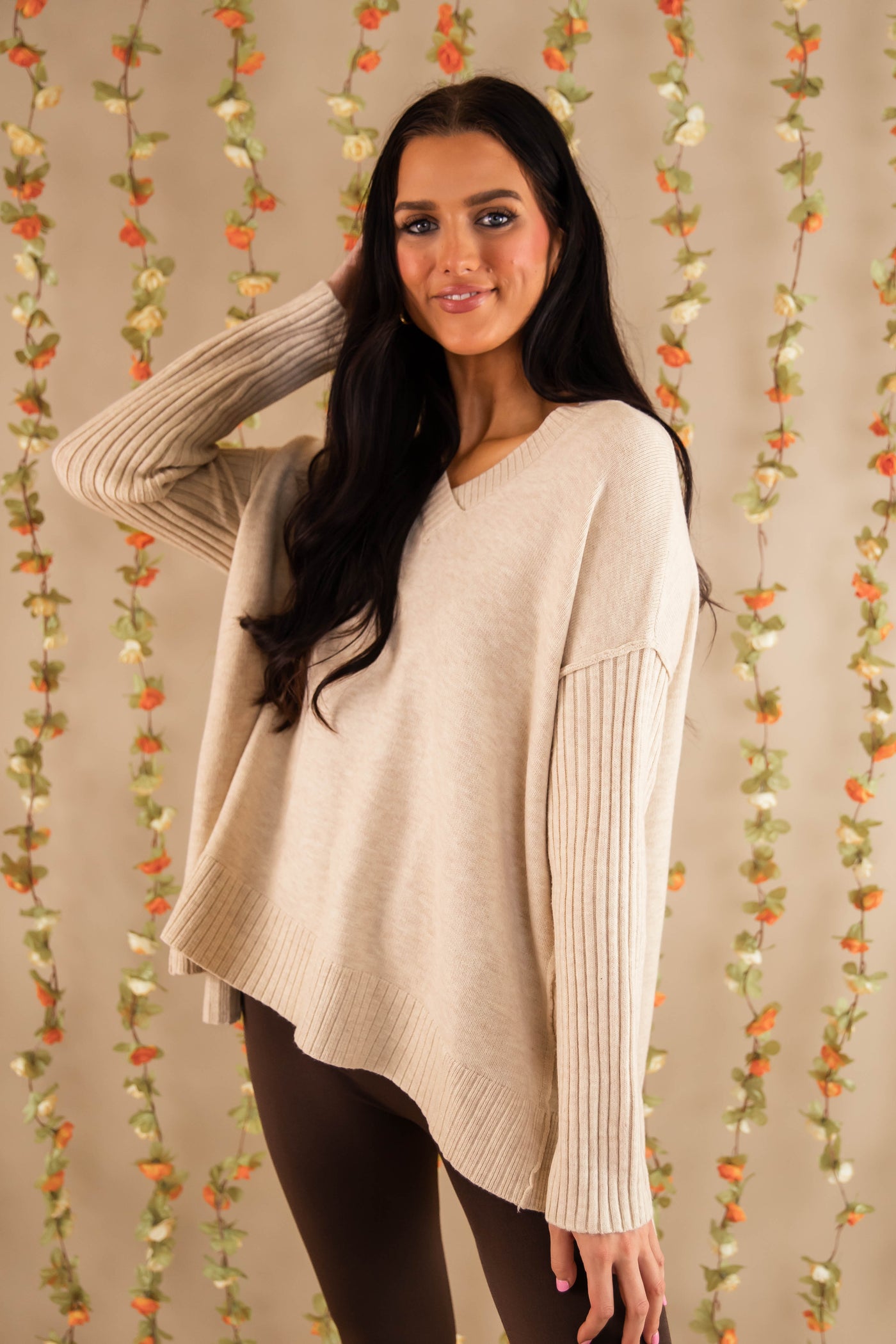 Women's Ivory Brushed Knit Sweater- Oversized V-Neckline Sweater- Women's Comfy Tops