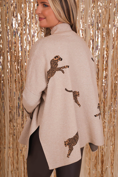 Women's Oatmeal Cheetah Sweater- Oatmeal Mock Neck Sweater- Oatmeal Entro Cheetah Sweater