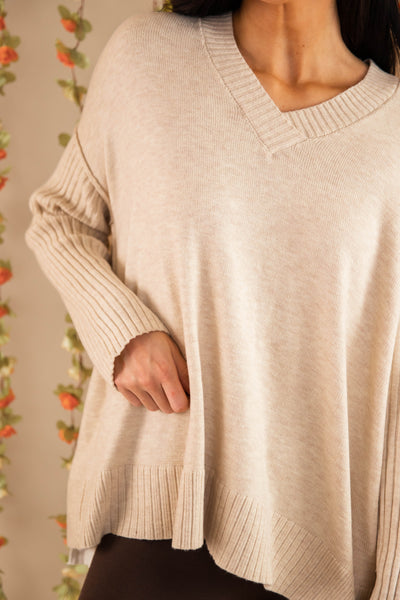 Women's Ivory Brushed Knit Sweater- Oversized V-Neckline Sweater- Women's Comfy Tops