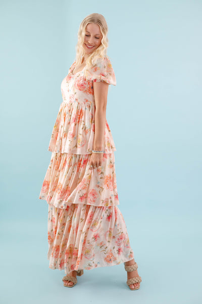 Coral Floral Maxi Dress- Elegant Tiered Maxi Dress - Maxi Dress by AAKKA