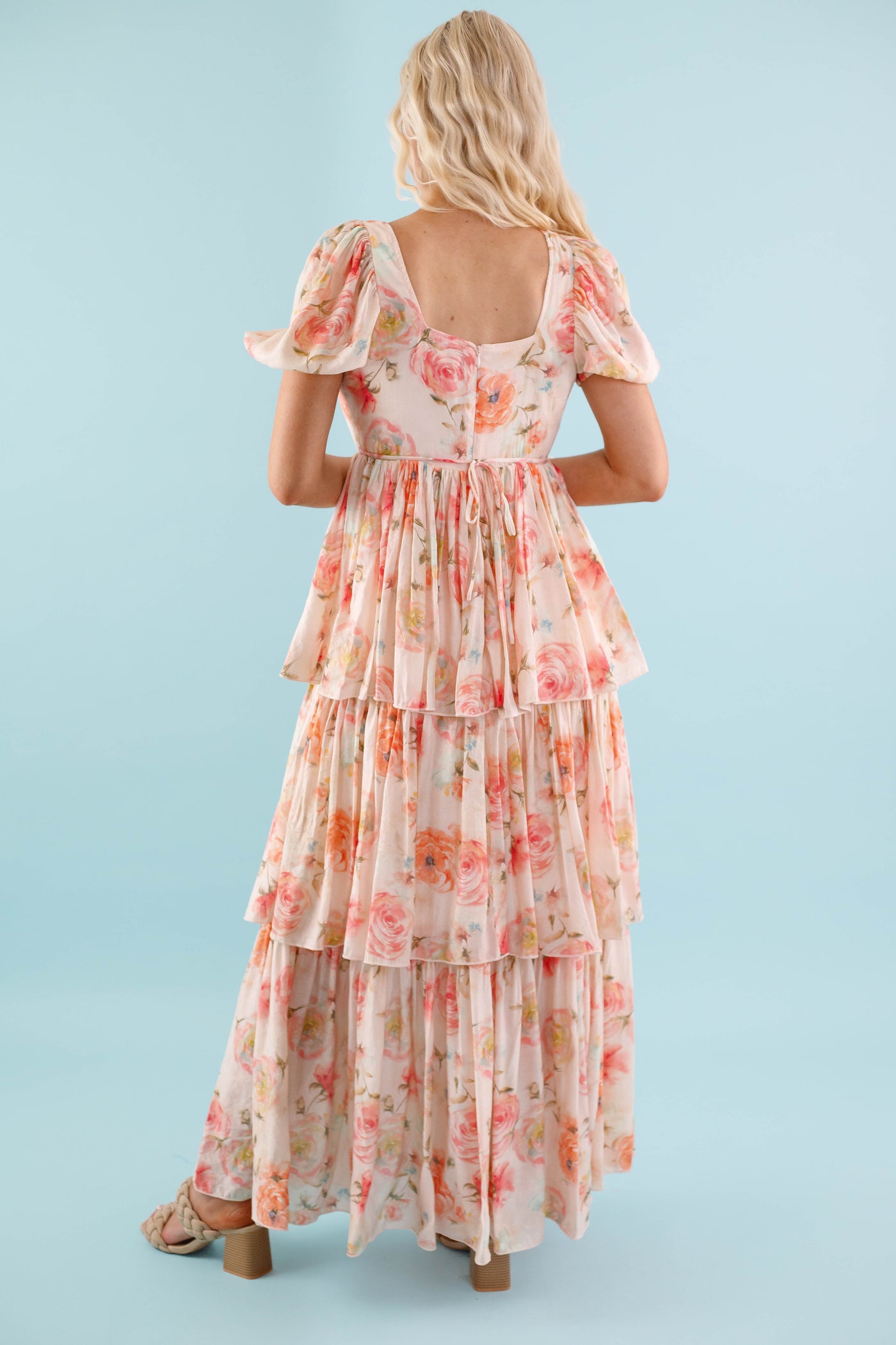 Coral Floral Maxi Dress- Elegant Tiered Maxi Dress - Maxi Dress by AAKKA