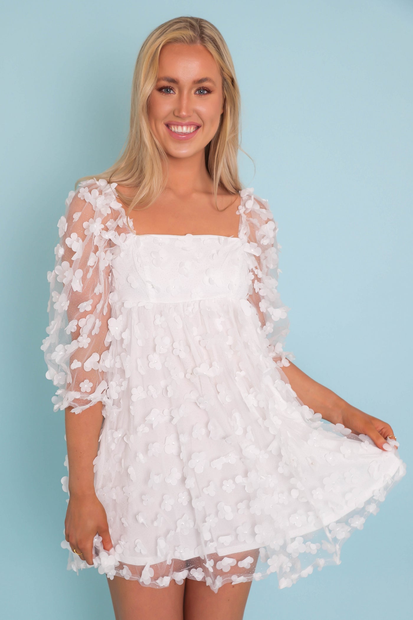 White Flower Glitter Dress- Women's Babydoll White Dress- 3D Flower Dress