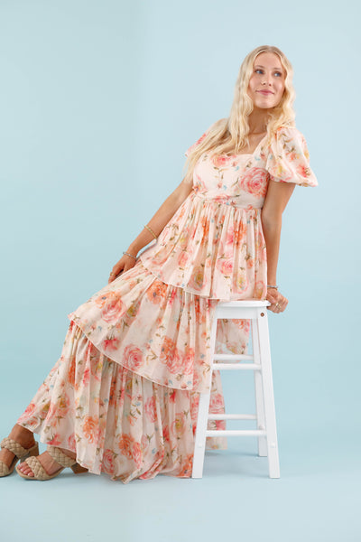 Coral Floral Maxi Dress- Elegant Tiered Maxi Dress - Maxi Dress by AAKKA