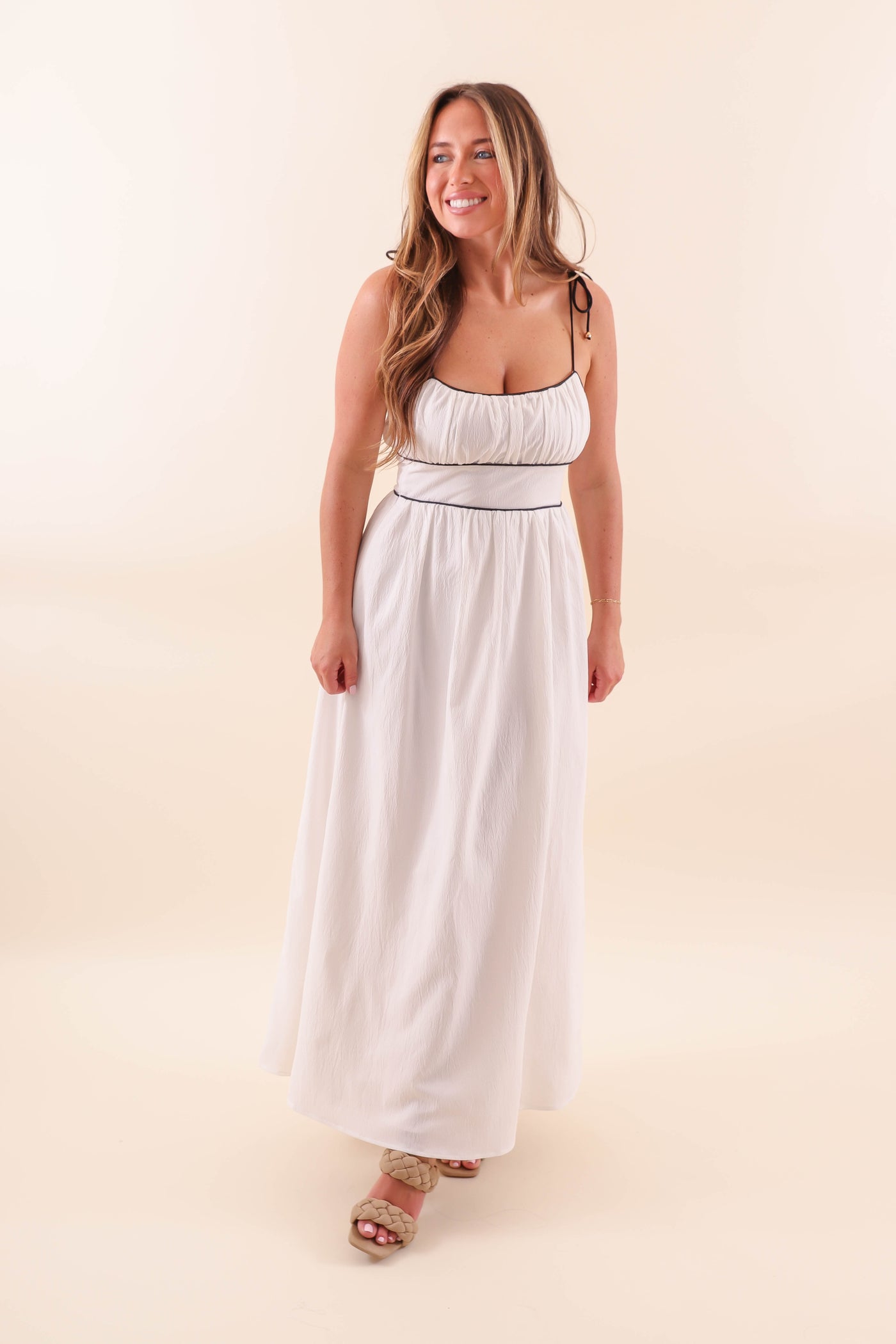 White Maxi Dress with Black Piping Contrast - Solid White Maxi With Black Stripes