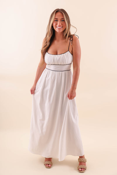 White Maxi Dress with Black Piping Contrast - Solid White Maxi With Black Stripes