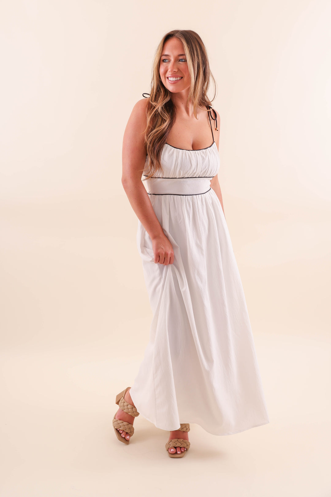 White Maxi Dress with Black Piping Contrast - Solid White Maxi With Black  Stripes  Juliana's Boutique