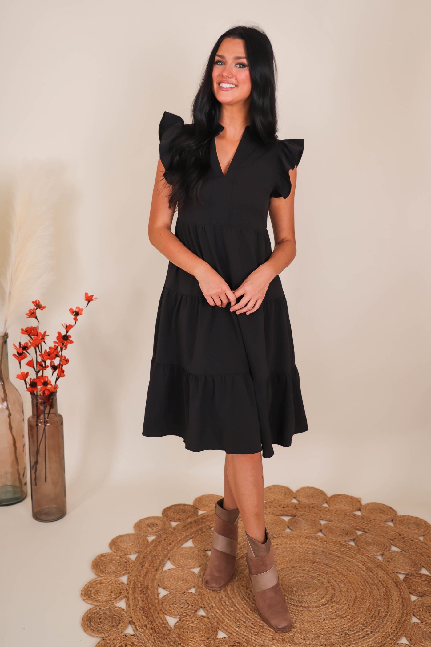 Women's Black Midi Dress- Tiered Ruffle Midi Dress- Entro Ruffle Midi Dress