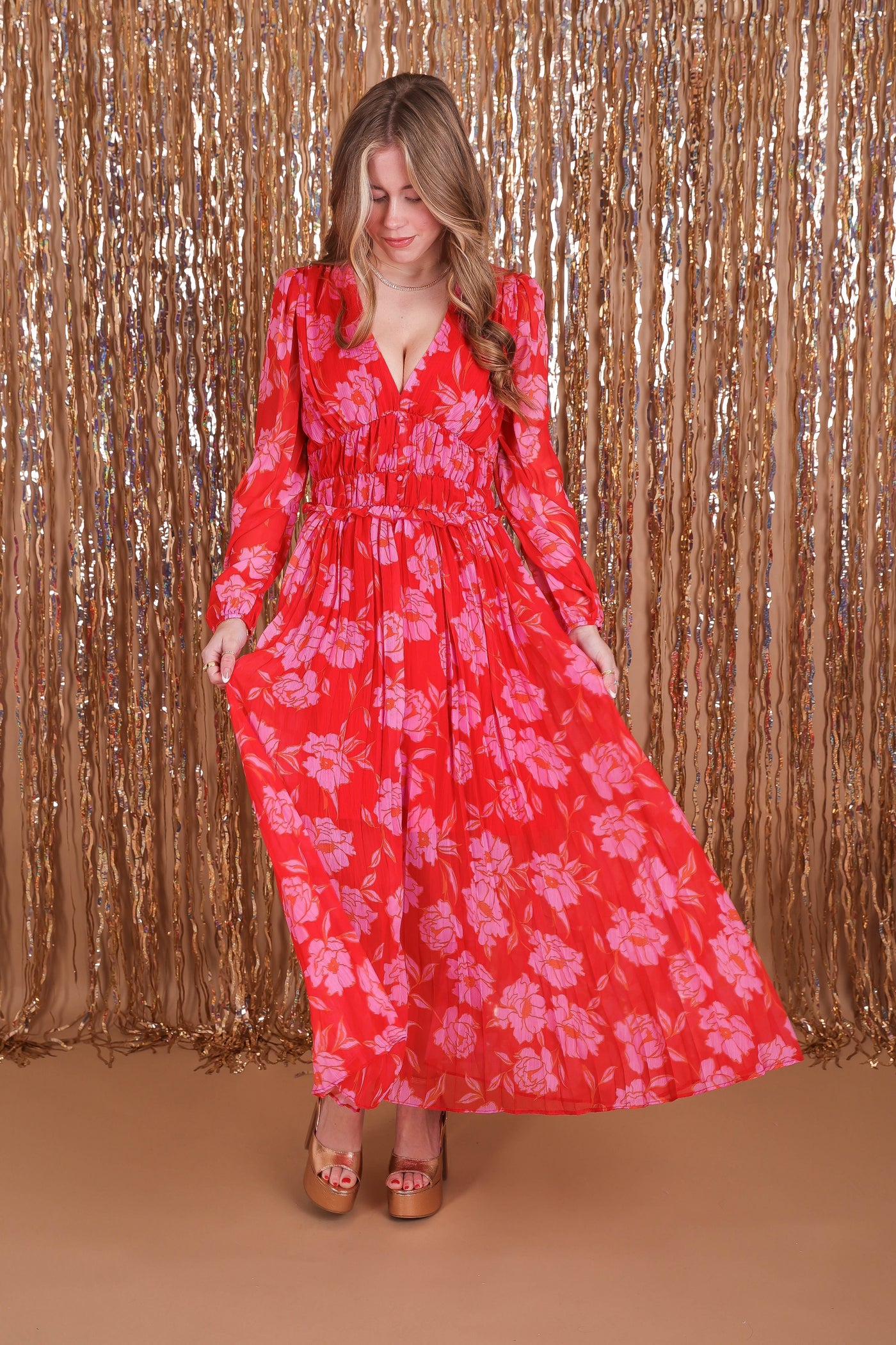 Women's Floral Chiffon Maxi Dress- Pink and Red Floral Maxi- Strut&Bolt Maxi Dress