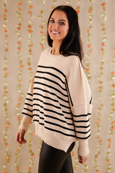 Black Striped Oversized Sweater- Women's Preppy Sweaters- Entro Stripe Sweater