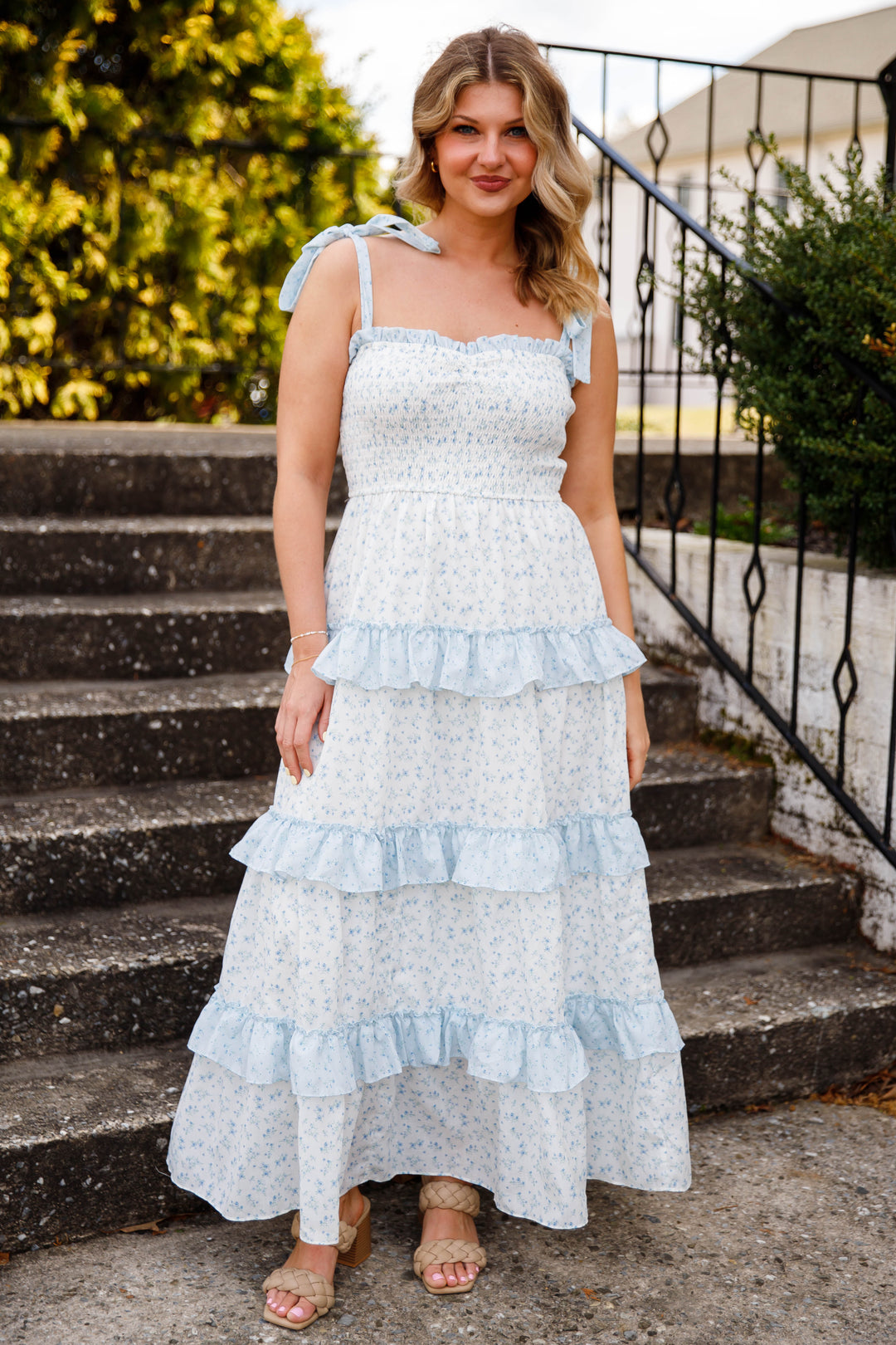 Blue Floral Smocked Tiered Midi Dress Ruffle Strap Cottagecore Dress- Peach Love Cream Dresses Large Blue Floral Smocked Tiered Midi Dress Ruffle Strap Cottagecore Dress- Peach Love Cream Dresses Large