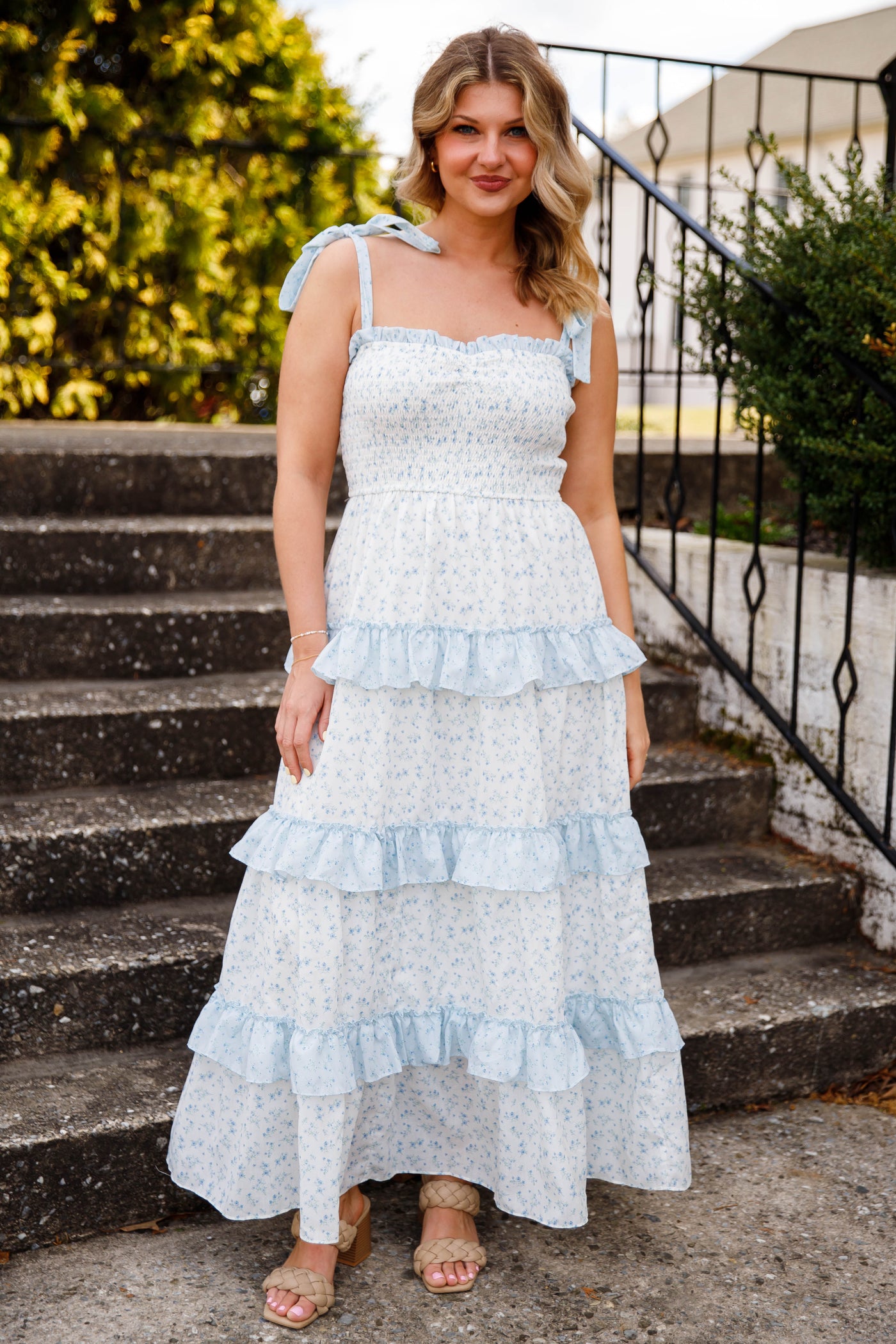 floral smocked tiered midi dress Blue Floral Smocked Tiered Midi Dress – Ruffle Strap Cottagecore Dress- Peach Love Cream Dresses Large