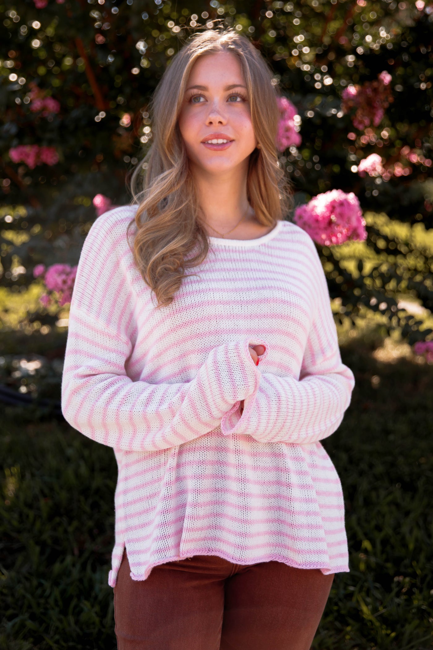 Pink and White Striped Sweater- Women's Preppy Striped Knitted Sweater- Miracle Striped Sweater