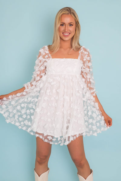 White Flower Glitter Dress- Women's Babydoll White Dress- 3D Flower Dress