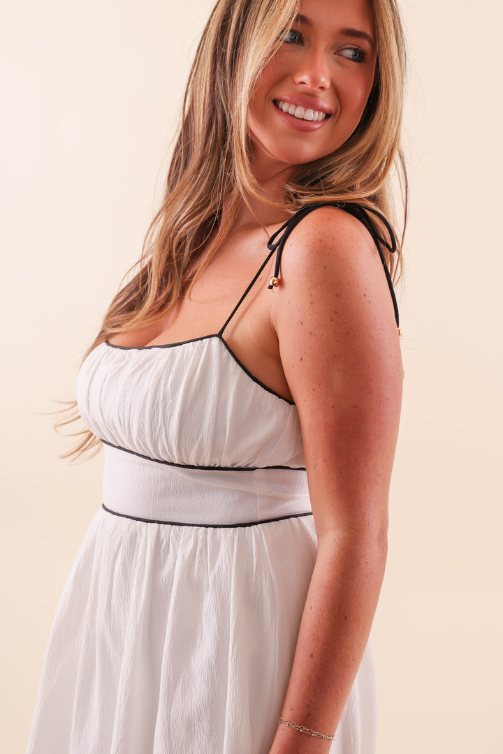 White Maxi Dress with Black Piping Contrast