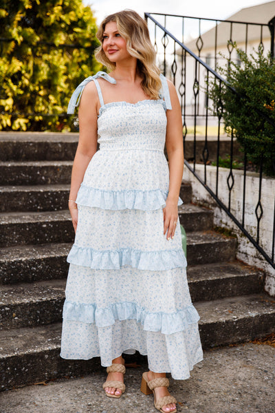 Blue Floral Smocked Tiered Midi Dress – Ruffle Strap Cottagecore Dress-  Peach Love Cream Dresses – Juliana's Boutique