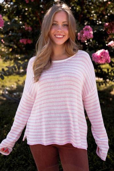 Pink and White Striped Sweater- Women's Preppy Striped Knitted Sweater- Miracle Striped Sweater
