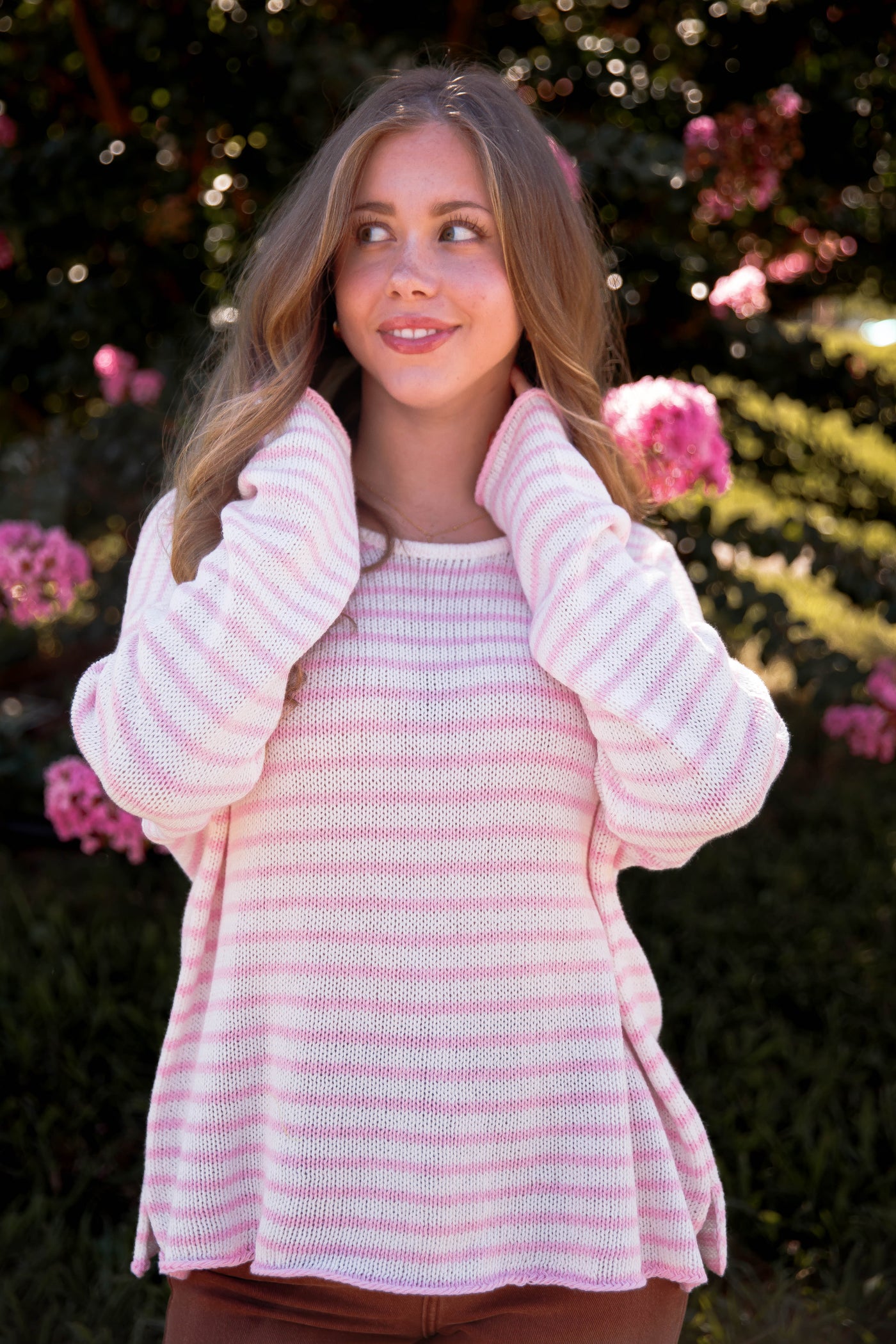 Pink and White Striped Sweater- Women's Preppy Striped Knitted Sweater- Miracle Striped Sweater
