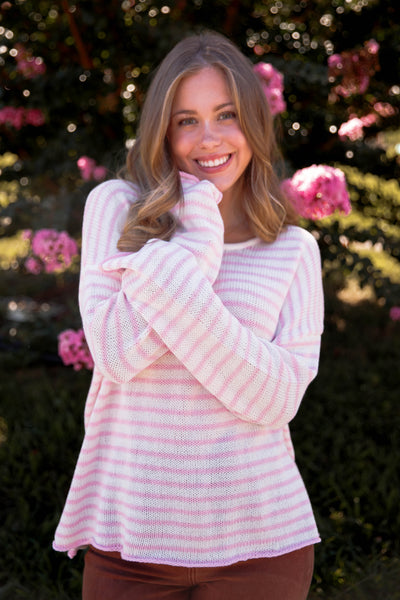 Pink and White Striped Sweater- Women's Preppy Striped Knitted Sweater- Miracle Striped Sweater