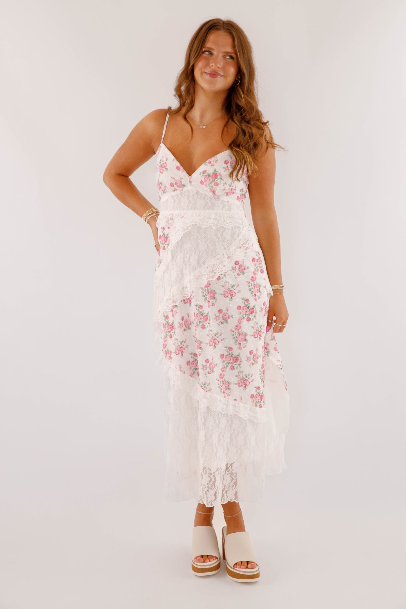 Printed Floral Lace Tiered Maxi Dress- Women's Floral Asymmetrical Maxi Dress