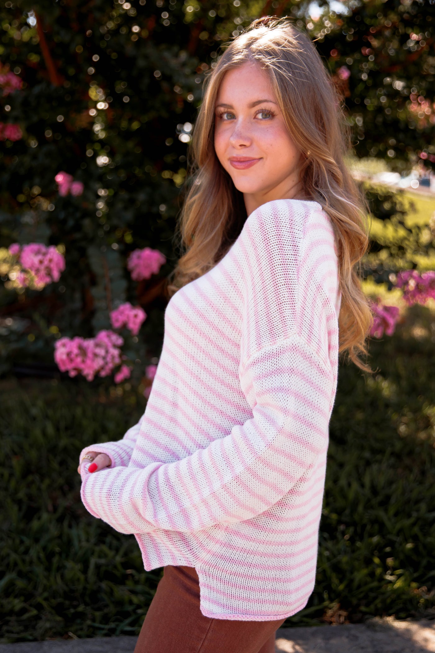 Pink and White Striped Sweater- Women's Preppy Striped Knitted Sweater- Miracle Striped Sweater
