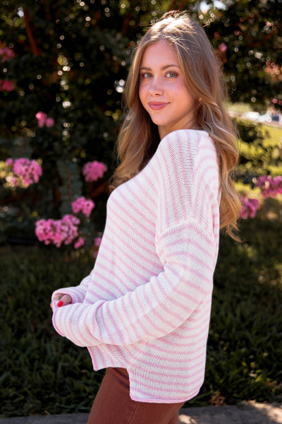 Pink and White Striped Sweater- Women's Preppy Striped Knitted Sweater- Miracle Striped Sweater