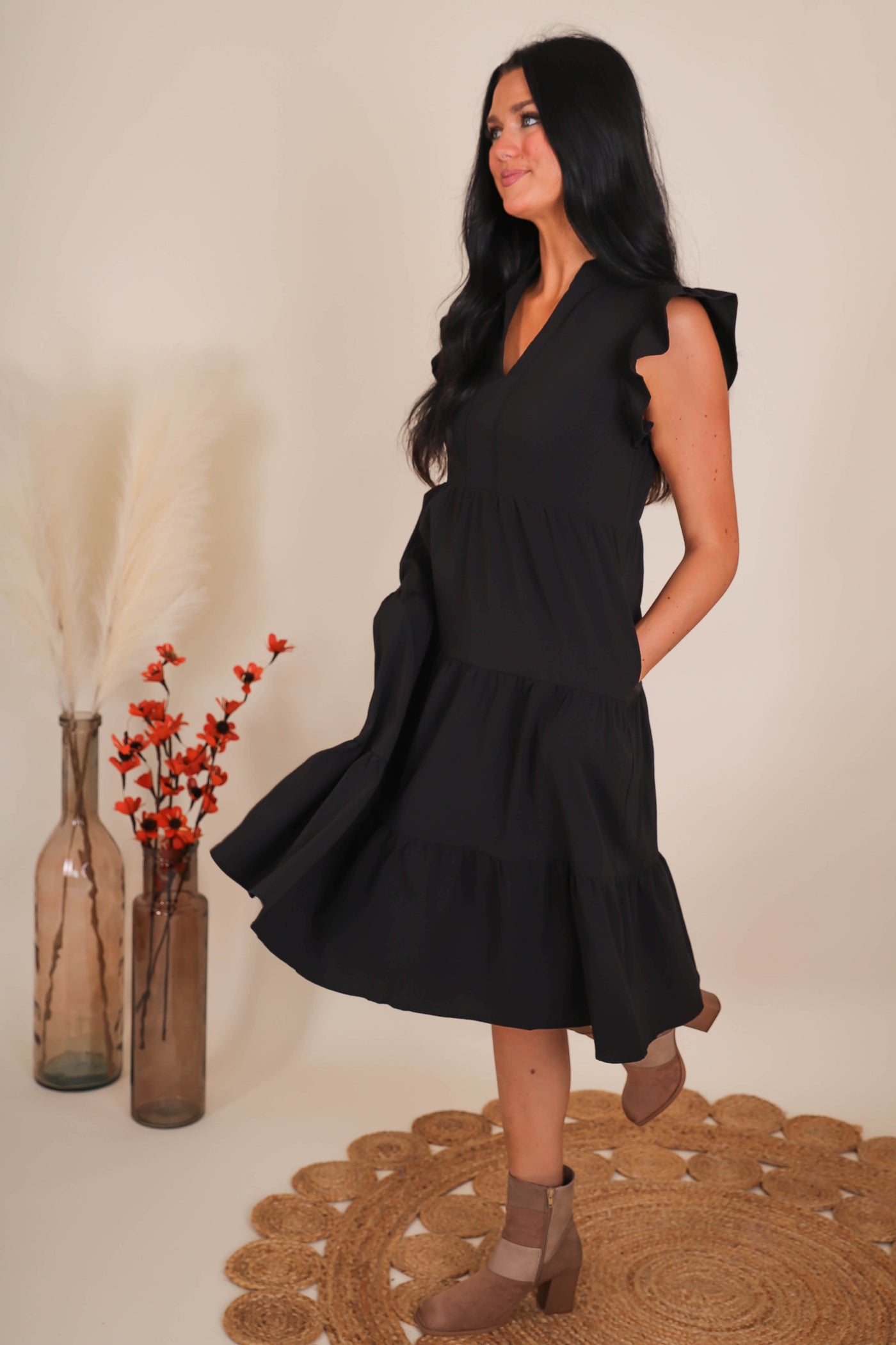 Women's Black Midi Dress- Tiered Ruffle Midi Dress- Entro Ruffle Midi Dress