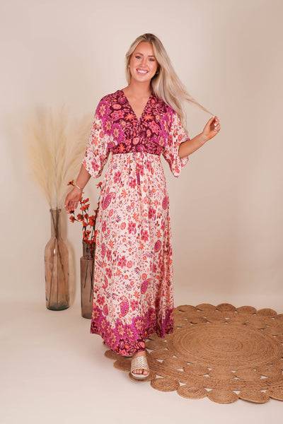 Women's Pink Print Dress- Women's Vacation Maxi Dress- Aakaa Maxi Dress
