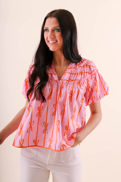 Women's Preppy Bow Blouse- Pink Printed Bow Blouse- Umgee Bow Top