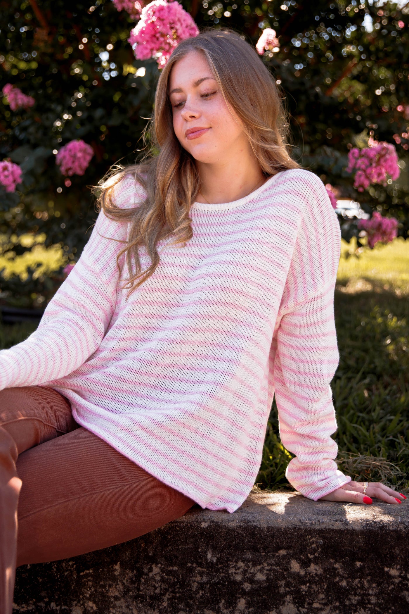 Pink and White Striped Sweater- Women's Preppy Striped Knitted Sweater- Miracle Striped Sweater