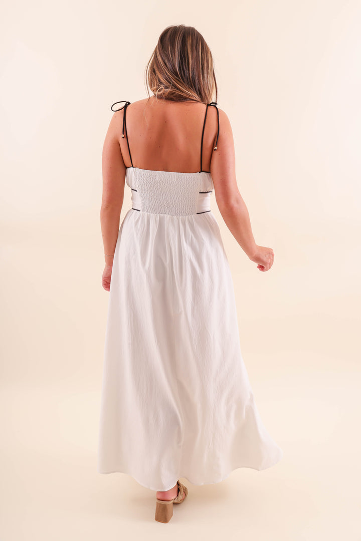 White Maxi Dress with Black Piping Contrast