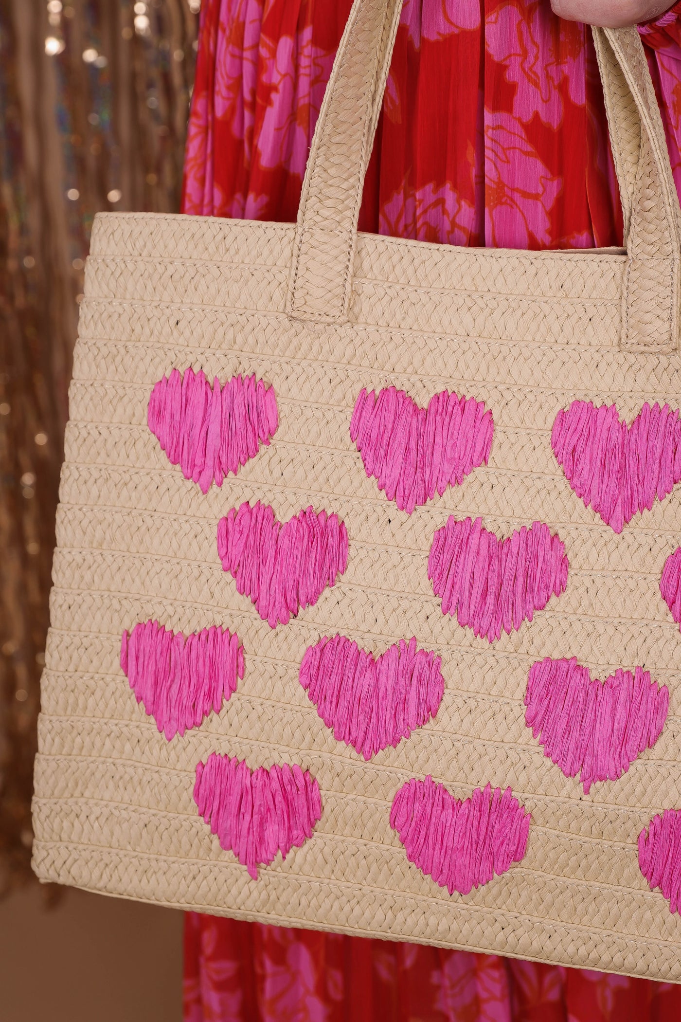 Pink Heart Straw Tote- Beach Tote Bag- Pink Straw Beach Tote Bag- Urban Expressions Tote