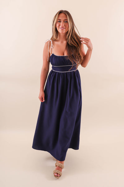 Navy Maxi Dress with White Piping Contrast - Solid Navy Maxi With White Stripes