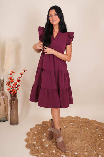Women's Purple Midi Dress- Tiered Ruffle Midi Dress- Entro Ruffle Midi Dress