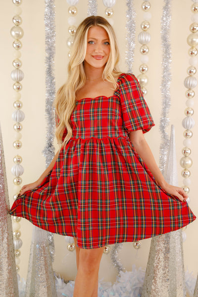 Red Tartan Plaid Print Dress- Women's Scalloped Preppy Dress- Entro Plaid Holiday Dress