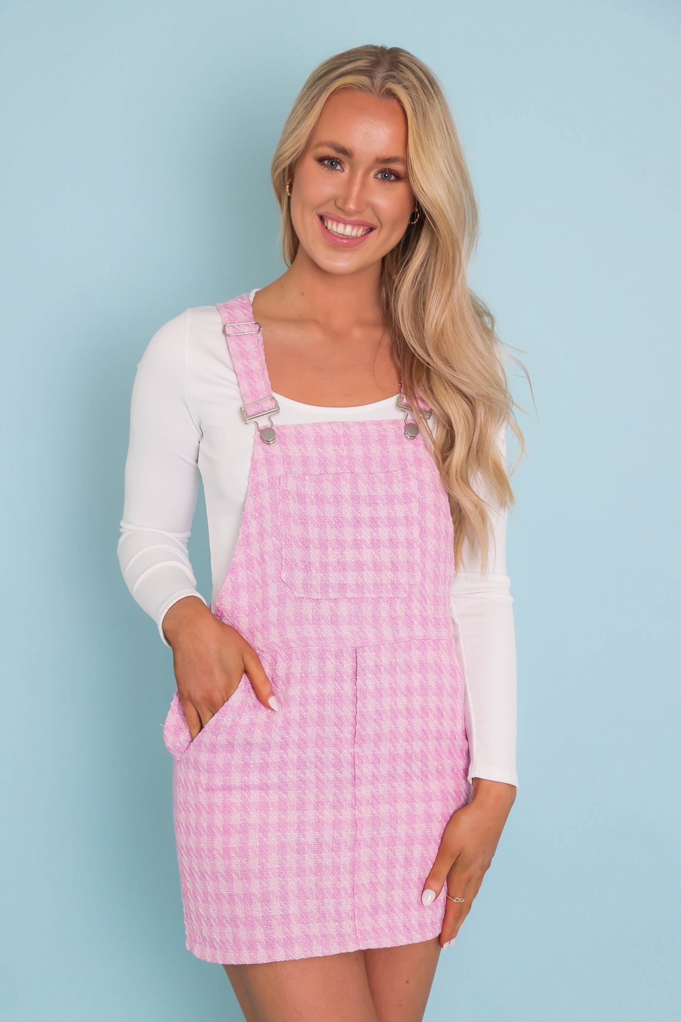 Blush Pink Overall Dress- Women's Pink Houndstooth Overalls- Storia Pink Overall Dress