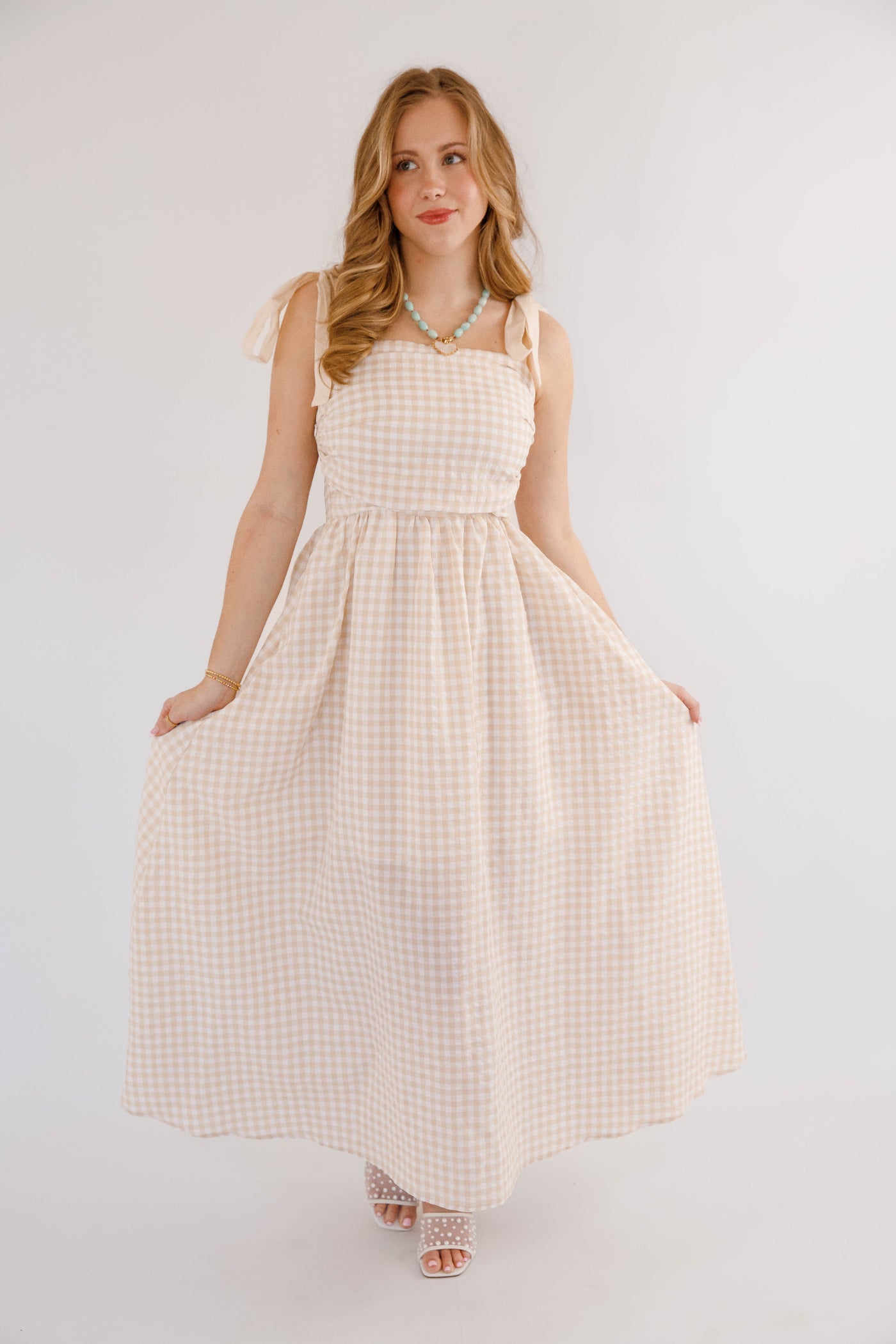 beige beach dress Gingham Maxi Dress- Neutral Vacation Dress- Cloud Ten Tan Gingham Small Sweet 16 dress while the high neck Zapaka Women Blue Tight Size:10 US Women (7 UK/AU)