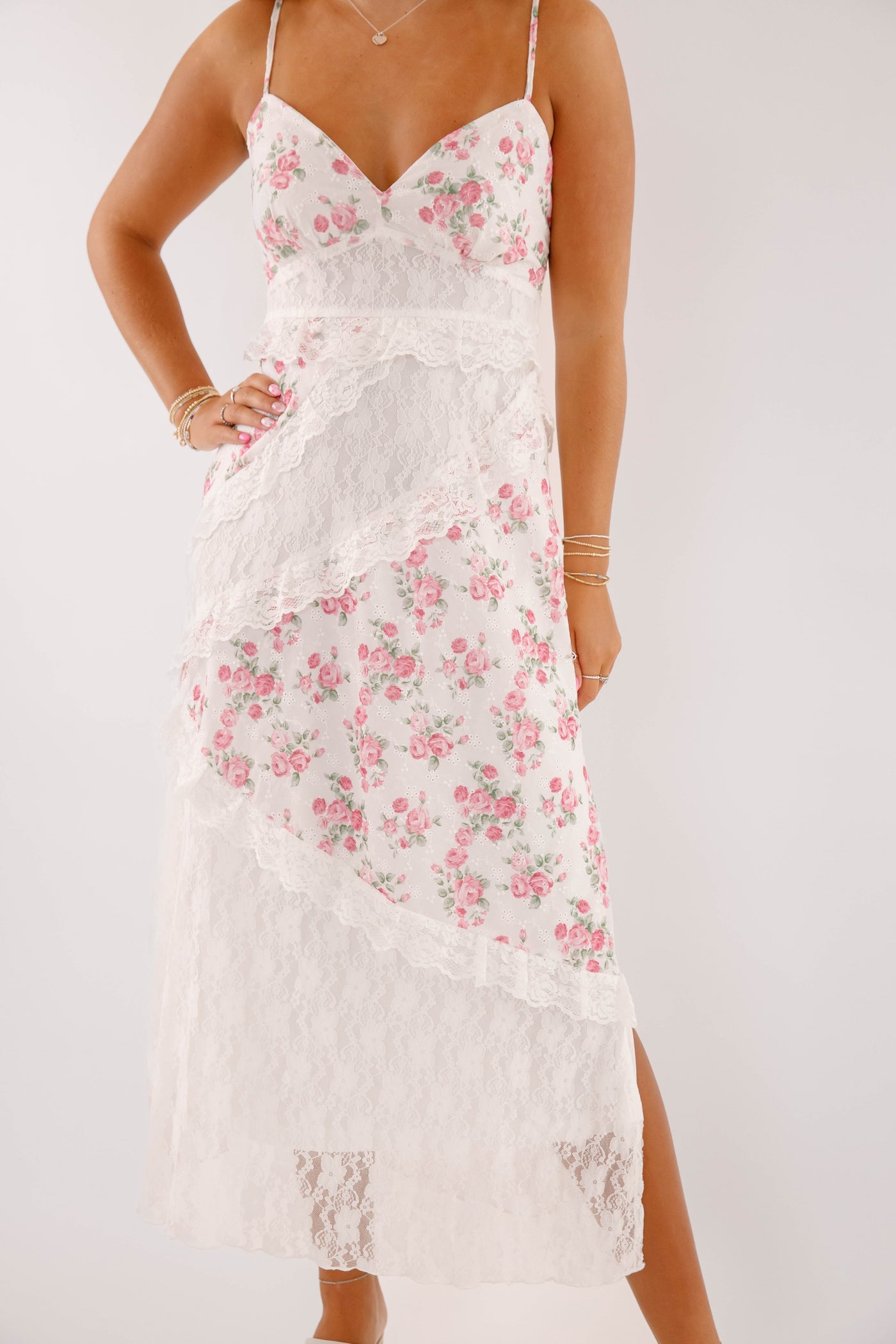 Printed Floral Lace Tiered Maxi Dress- Women's Floral Asymmetrical Maxi Dress