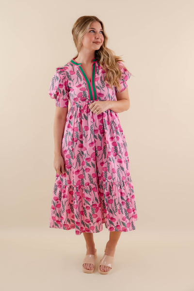 Floral Print Tiered Midi Dress- Women's Pink Spring Dresses- Entro Floral Midi Dress