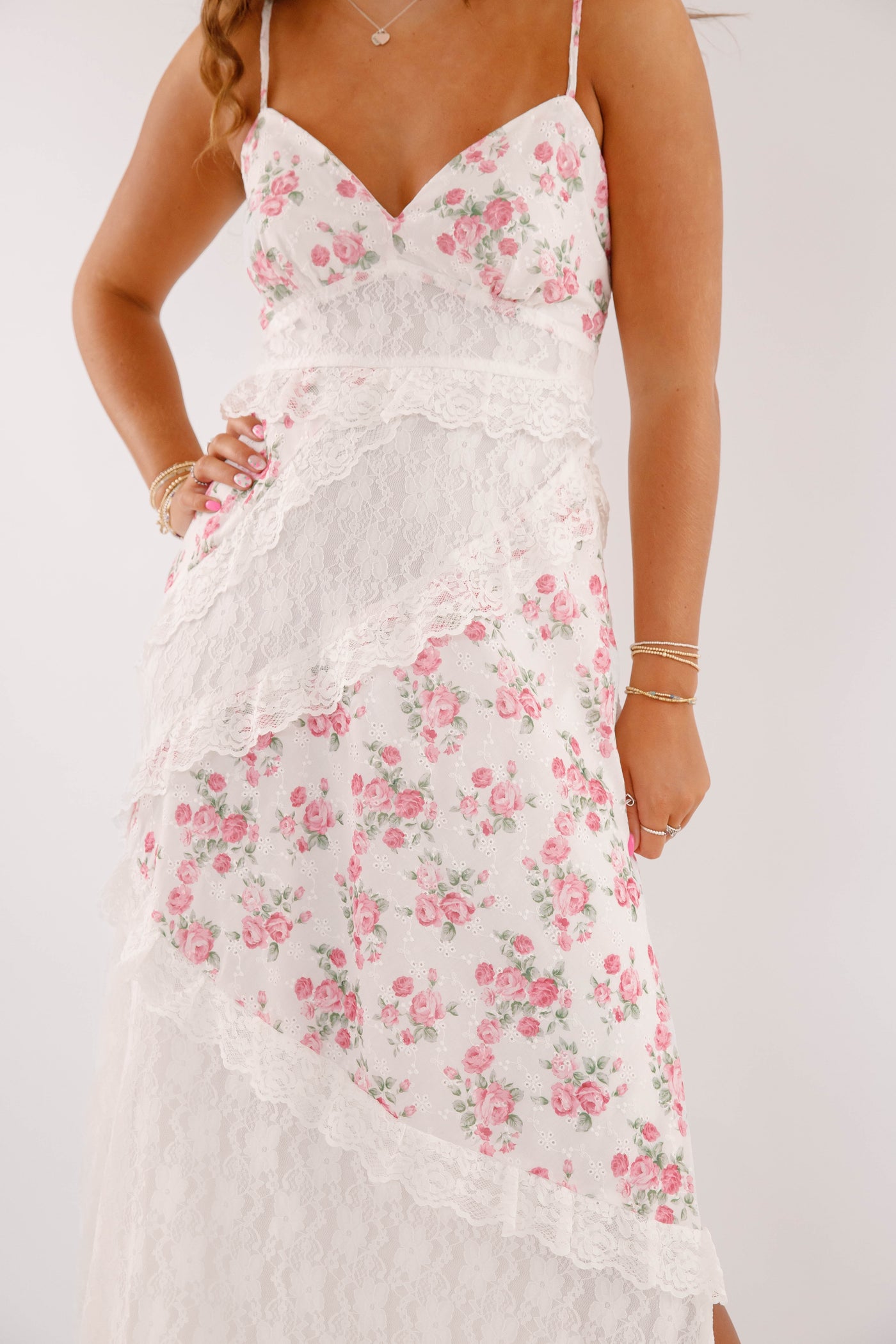 Printed Floral Lace Tiered Maxi Dress- Women's Floral Asymmetrical Maxi Dress