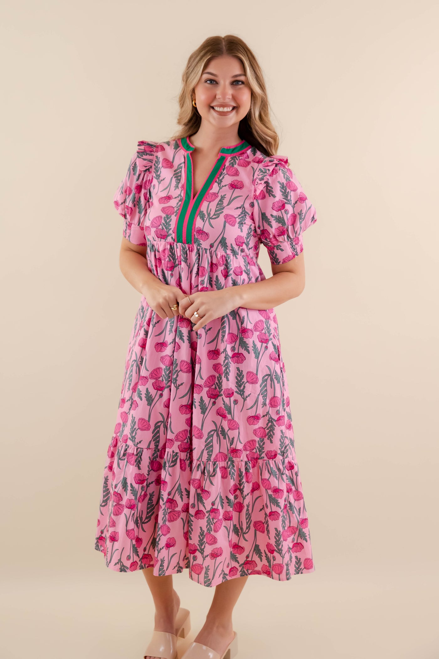 Floral Print Tiered Midi Dress- Women's Pink Spring Dresses- Entro Floral Midi Dress