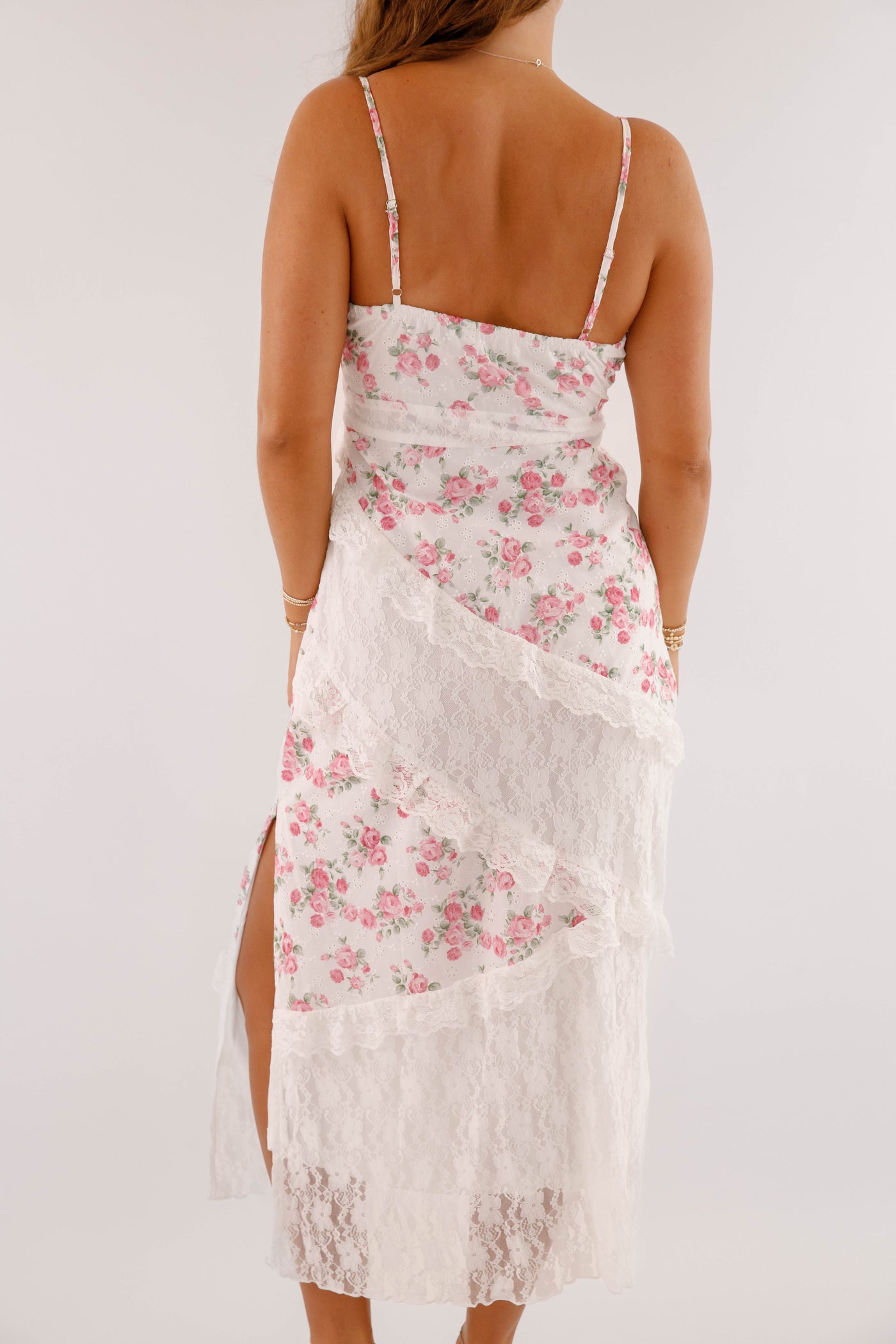 Printed Floral Lace Tiered Maxi Dress- Women's Floral Asymmetrical Maxi Dress