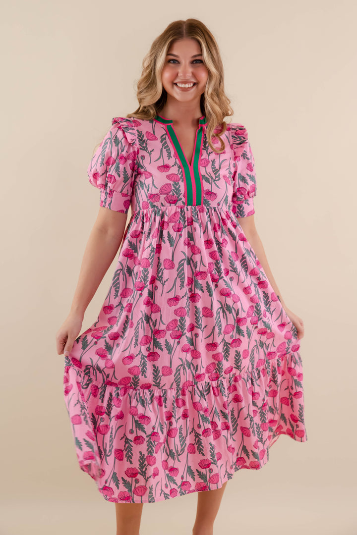 Floral Print Tiered Midi Dress- Women's Pink Spring Dresses- Entro Floral  Midi Dress  Juliana's Boutique