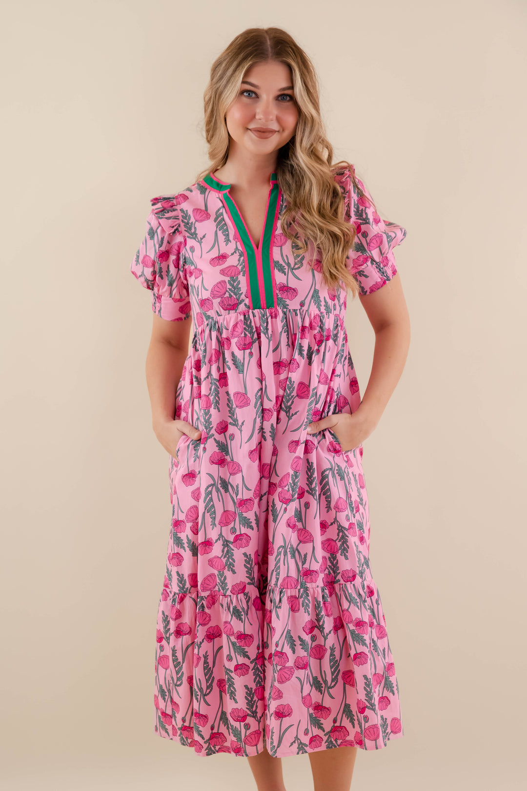 entro tiered midi dress Floral Print Tiered Midi Dress- Women's Pink Spring Dresses- Entro Floral Midi  Dress – Juliana's Boutique