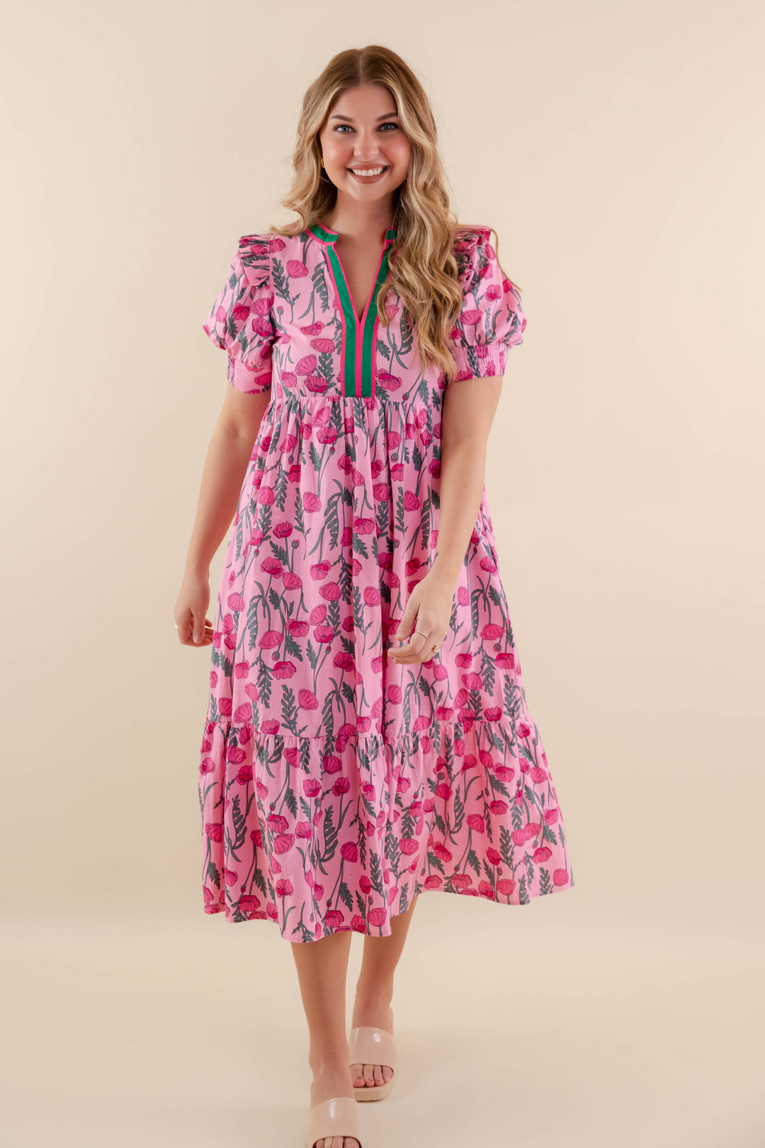 Floral Print Tiered Midi Dress- Women's Pink Spring Dresses- Entro Floral  Midi Dress  Juliana's Boutique