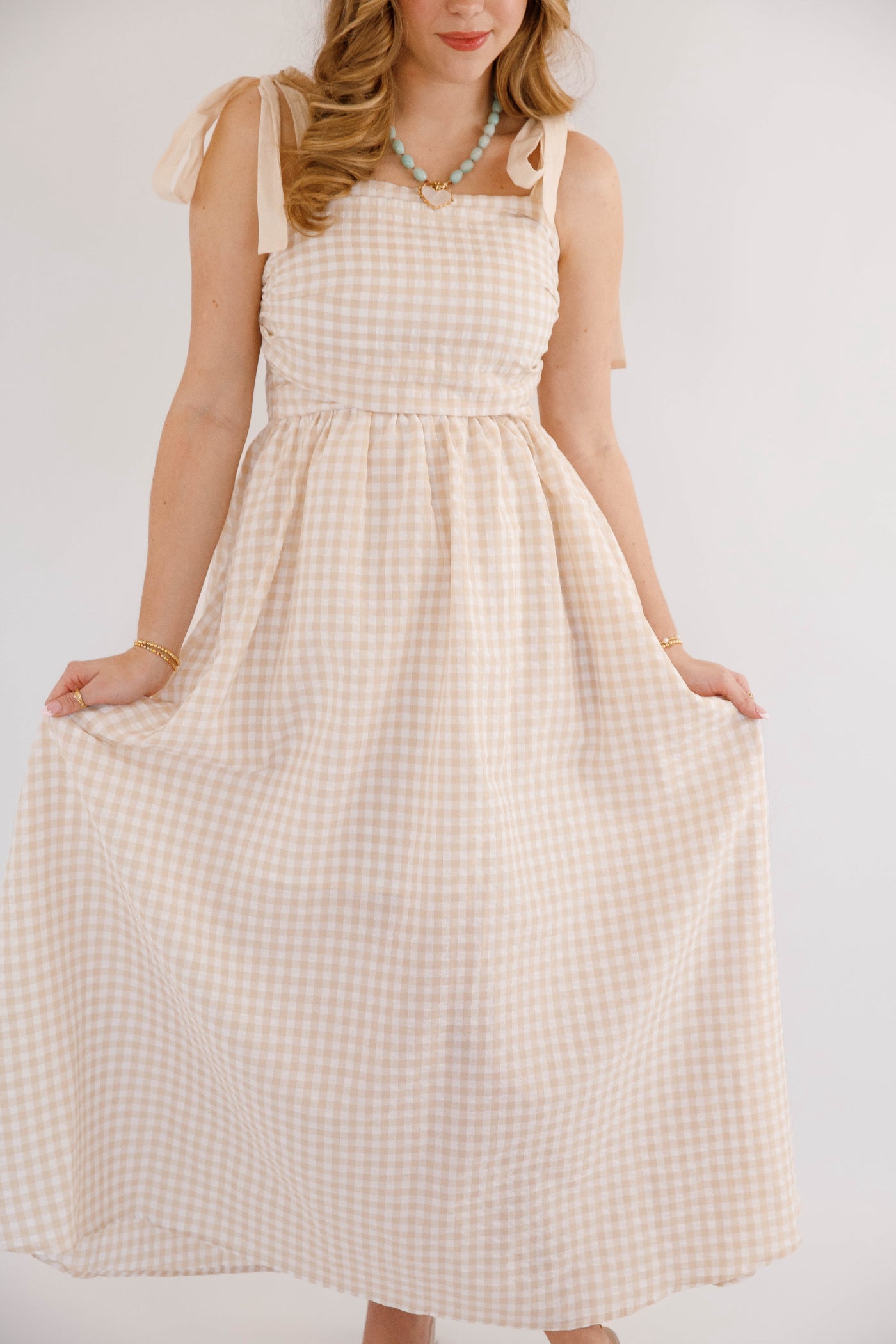 beige vacation dress Gingham Maxi Dress- Neutral Beach Dress- Cloud Ten Tan Gingham Small sleeveless silhouette lalunefabric The Oxford Bolero (Size):M Furniway Black Dresser for