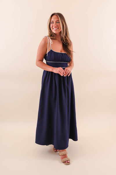 Navy Maxi Dress with White Piping Contrast - Solid Navy Maxi With White Stripes
