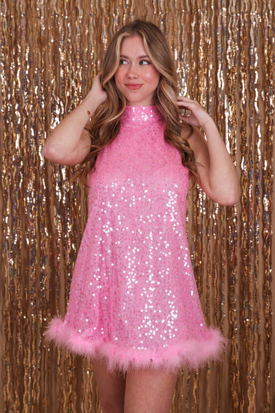 Hot Pink Feather Dress- Women's Pink Sequin Dress- Sequin Feather Dress